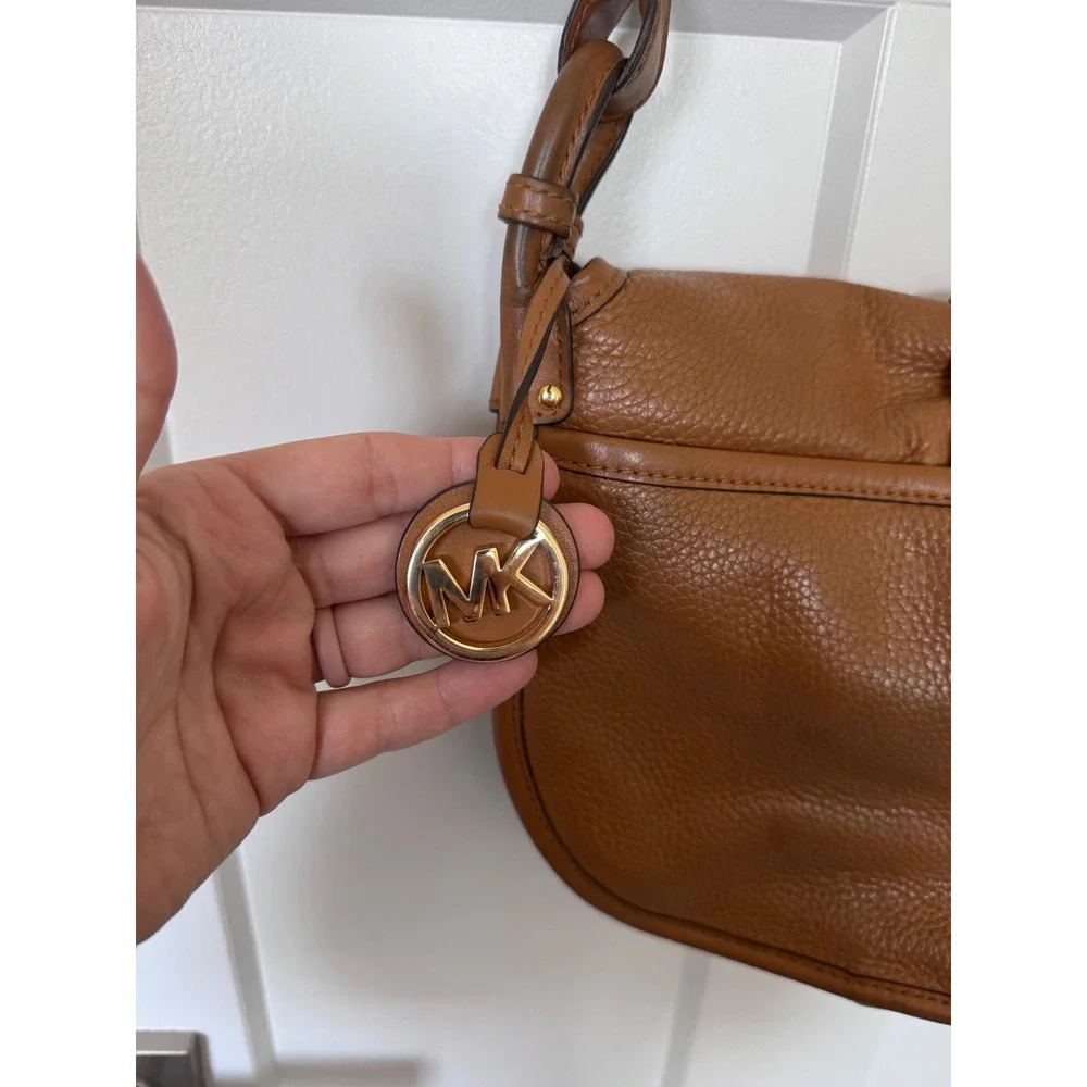Michael Kors Brown Pebbled Leather Saddle Crossbody Bag Gold Clasp Acorn